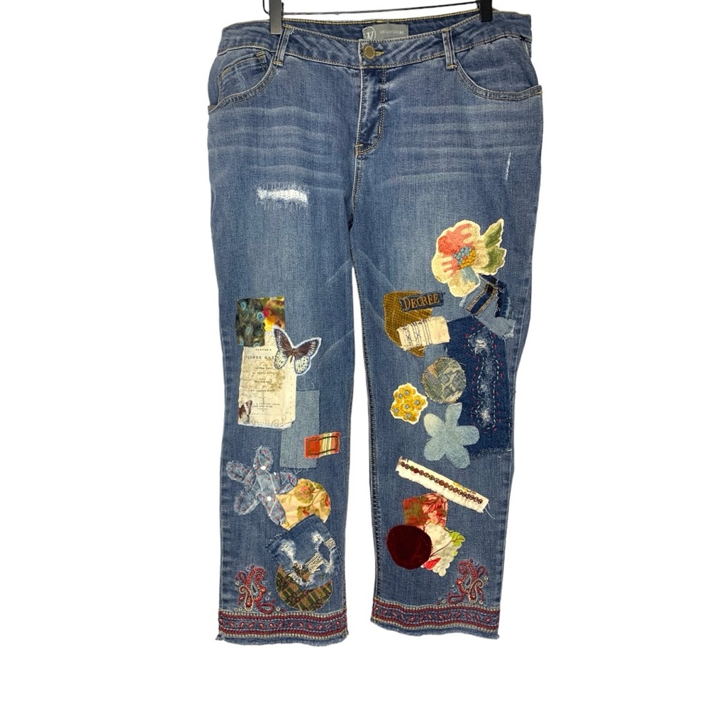 Upcycled Patchwork Cottage Core Cropped Jeans Sz 16W - Picture 2 of 11